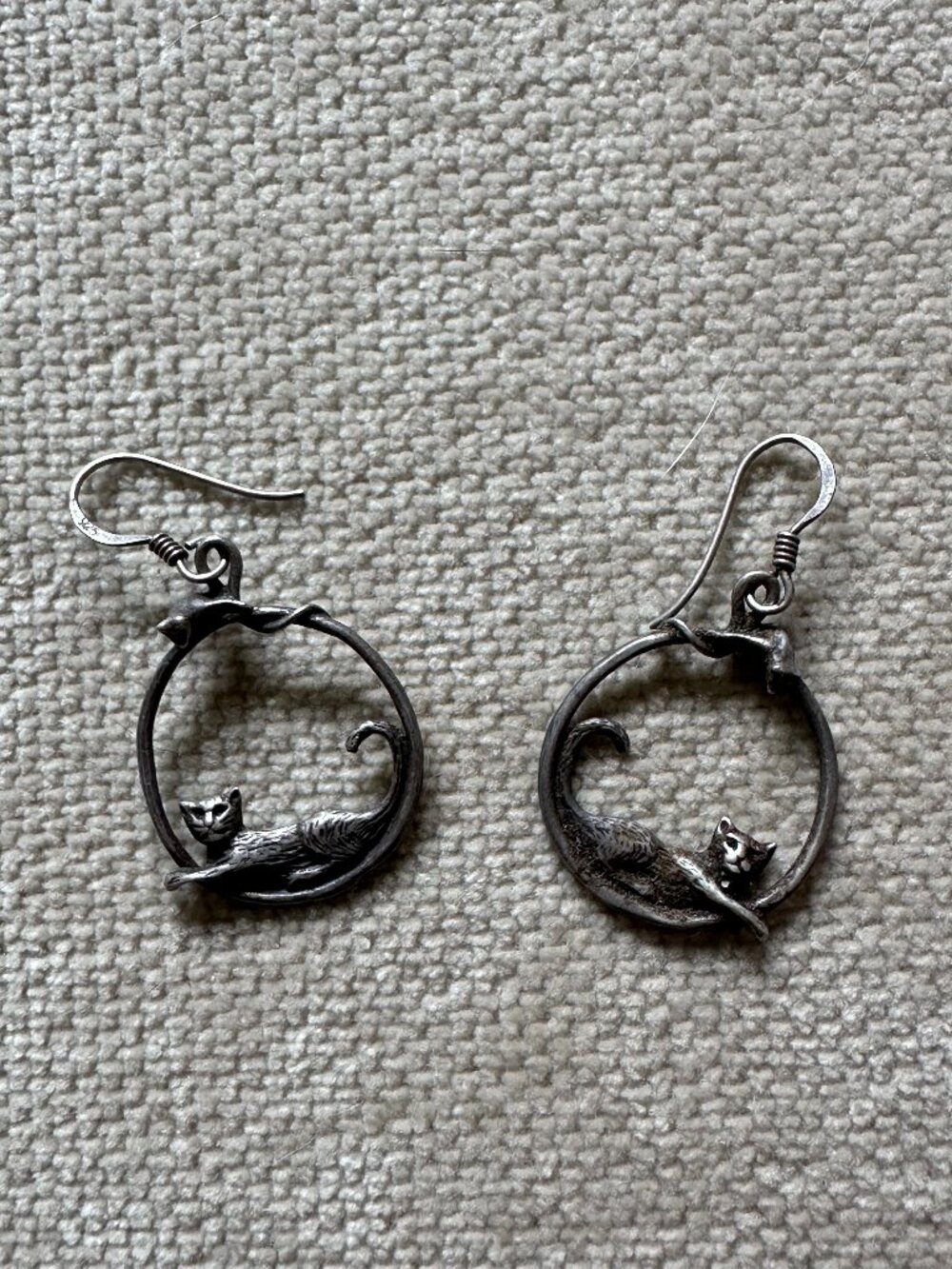 Sterling Silver Curled Up Cat Circle Hook Earrings 925 1 3/8 Inch Length